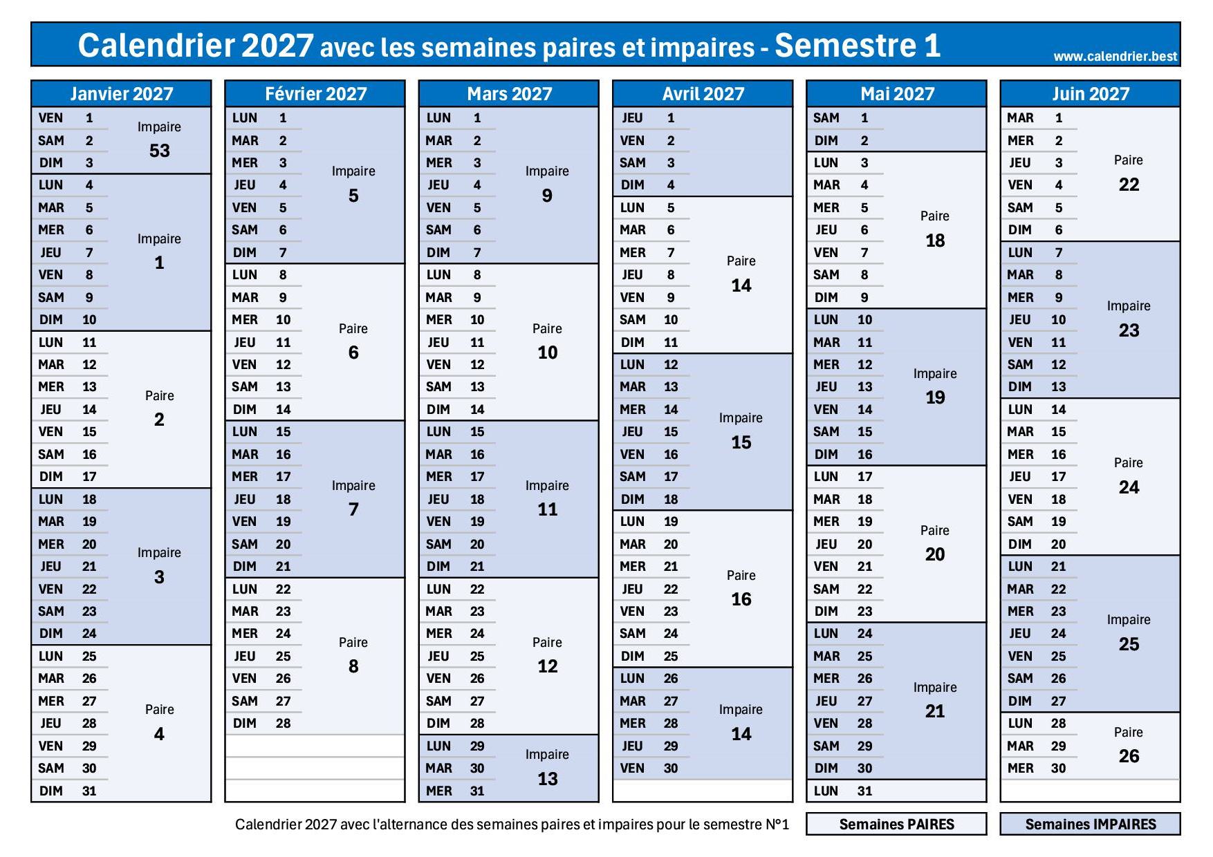 Calendrier 2027 Semaine Paire Et Impaire Imprimer PDF JPG Calendrier 2027 Semaine Paire Et Impaire Imprimer PDF JPG