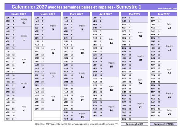 Calendrier semestre 1 2027 avec semaines impaires en violet foncé et semaines paires en violet clair à télécharger et imprimer