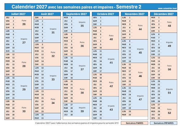 Calendrier semestre 2 2027 avec semaines impaires en bleu et semaines paires en rouge à télécharger et imprimer