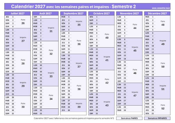 Calendrier semestre 2 2027 avec semaines impaires en violet foncé et semaines paires en violet clair à télécharger et imprimer
