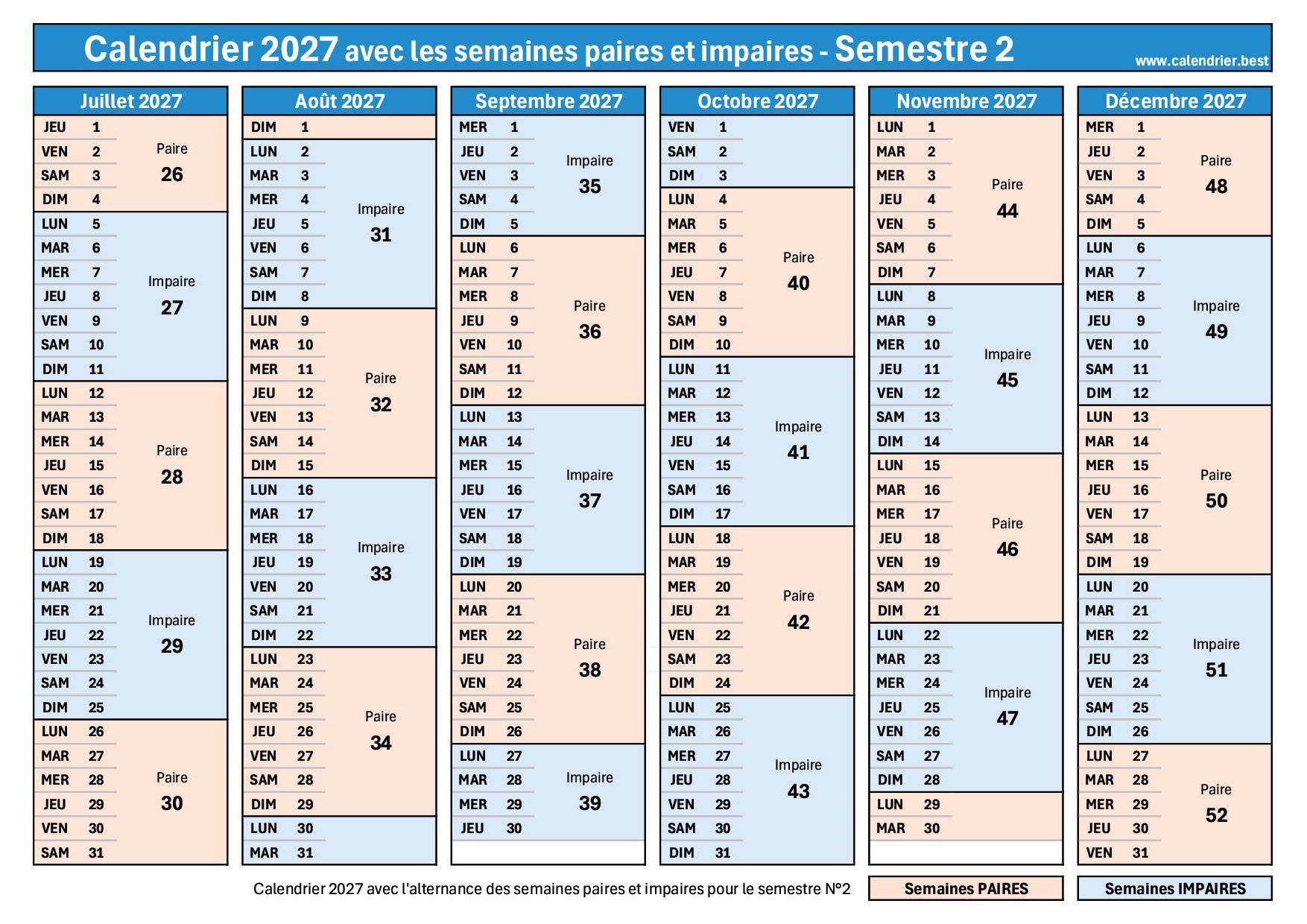 Calendrier 2027 Semaine Paire Et Impaire Imprimer PDF JPG Calendrier 2027 Semaine Paire Et Impaire Imprimer PDF JPG