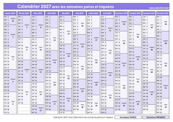 Calendrier 2027 semaines impaires en violet foncé et semaines paires en violet clair à télécharger et imprimer (PDF + JPG)