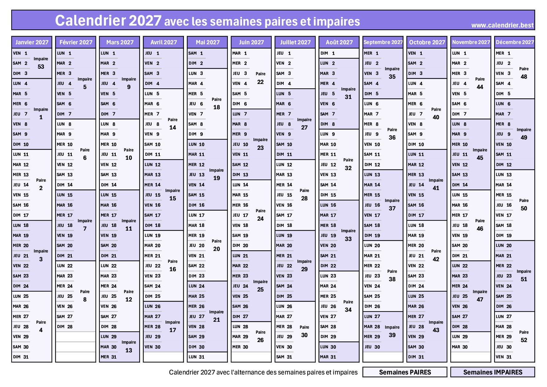 Calendrier 2027 Semaine Paire Et Impaire Imprimer PDF JPG Calendrier 2027 Semaine Paire Et Impaire Imprimer PDF JPG