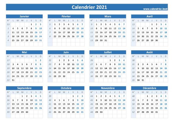 Calendrier 2021 avec numéros de semaines à télécharger et imprimer - Thème bleu. Calendrier 2021 avec numéros de semaines.