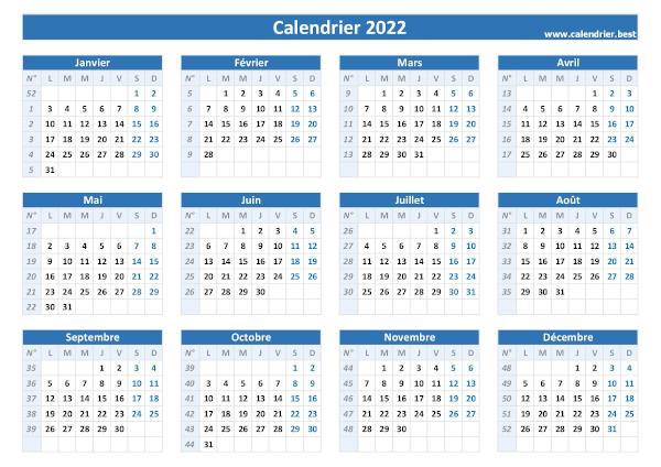 Calendrier 2022 avec numéros de semaines.