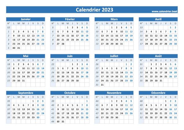 Calendrier 2023 avec jours fériés en France et numéro des semaines