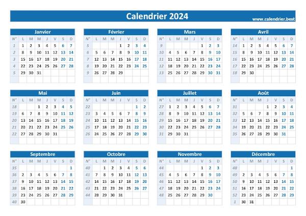 Calendrier 2024 : Vacances, Jours fériés, N° de semaine