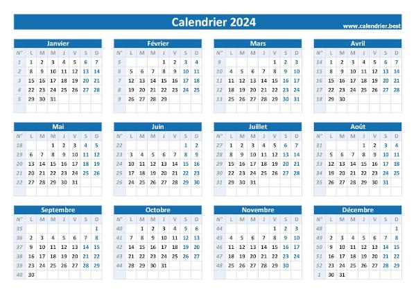 Calendrier 2024 avec numéros de semaines.