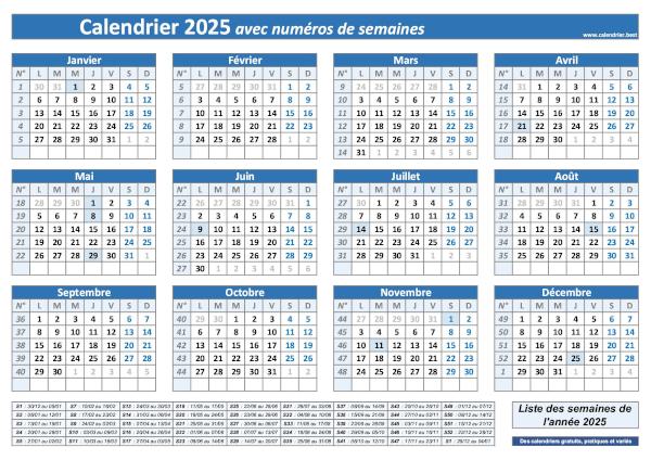 Calendrier 2025 avec numéros de semaines.