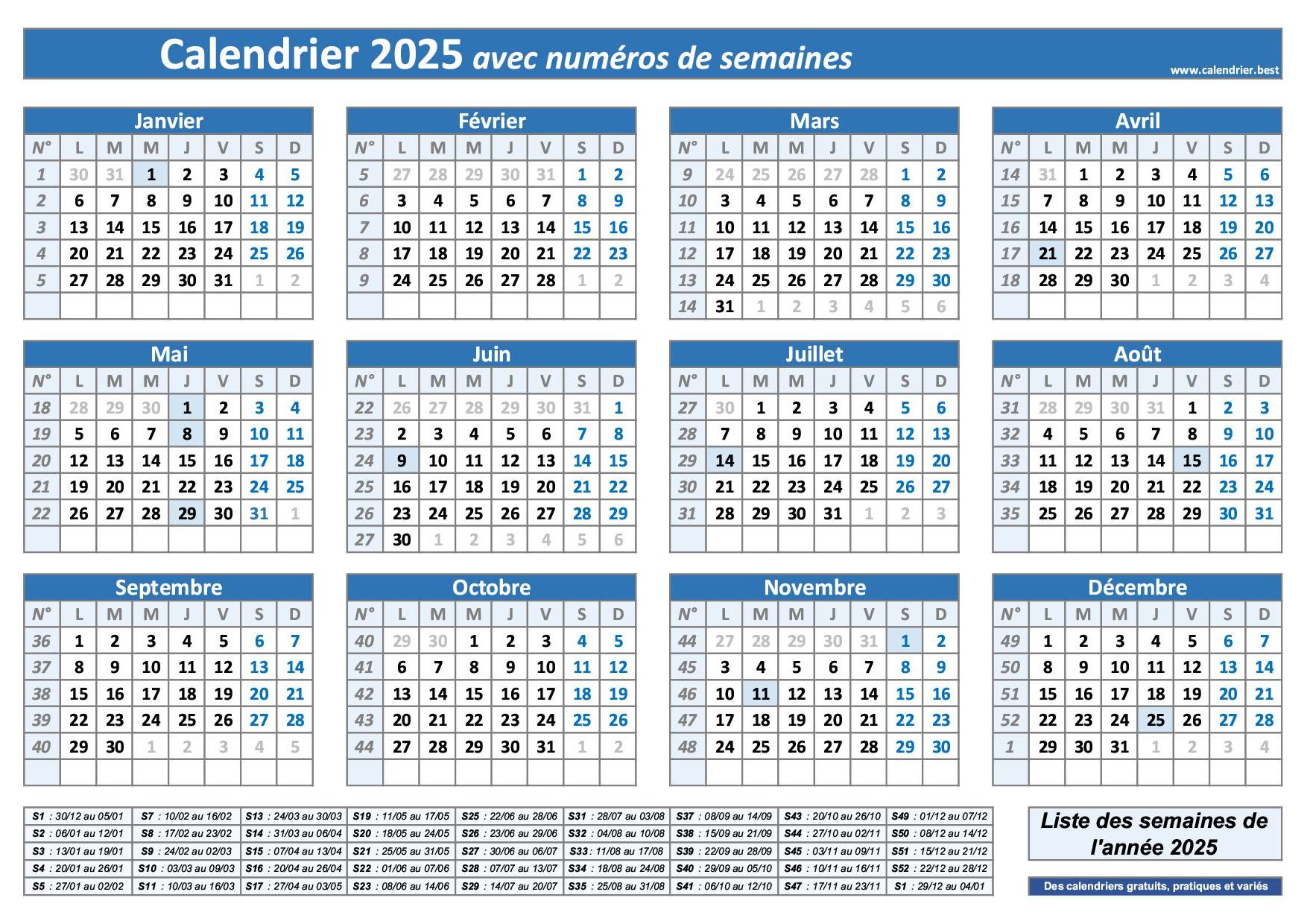 Semaine 1 2025 : dates, calendrier et planning hebdomadaire à imprimer