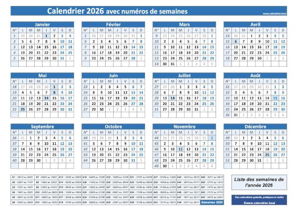 Calendrier 2026 avec numéros de semaines à télécharger et imprimer - Thème bleu. Calendrier 2026 avec numéros de semaines.