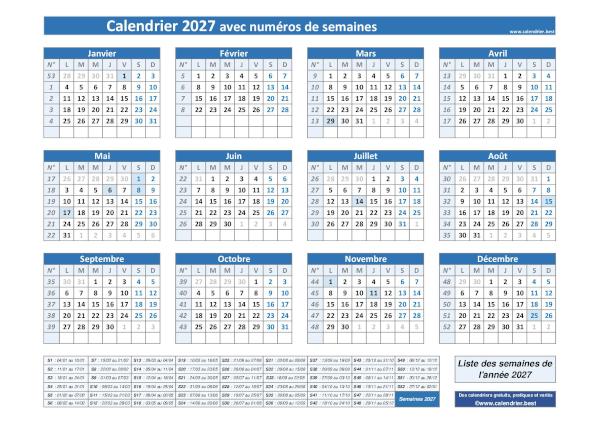 Num ro De Semaine 2027 Liste Dates Et Calendrier 2027 Avec Semaine