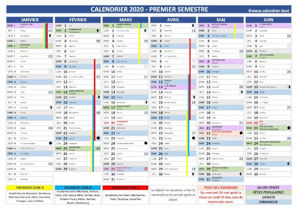 calendrier 2020 2ème semestre avec fêtes et Saints du jour, vacances scolaires jours fériés, lunaisons ...