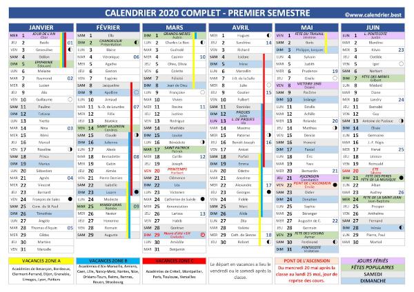 calendrier 2020 1er semestre avec fêtes et Saints du jour, vacances scolaires jours fériés, lunaisons ...