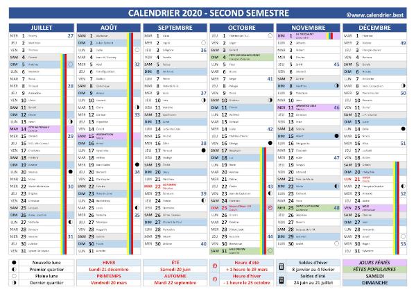 calendrier 2020 2ème semestre avec fêtes et Saints du jour, vacances scolaires jours fériés, lunaisons ...