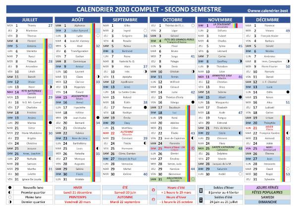 calendrier 2020 1er semestre avec fêtes et Saints du jour, vacances scolaires jours fériés, lunaisons ...