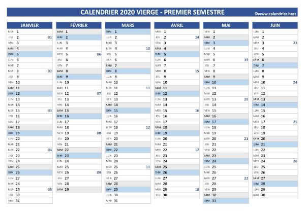 calendrier 2020 vierge à imprimer, 1er semestre