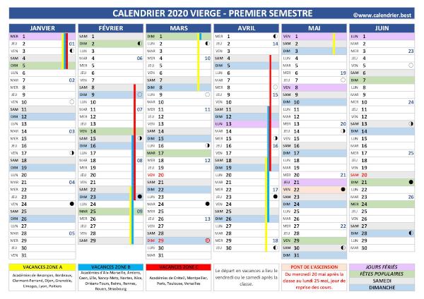 calendrier 2020 vierge, 1er semestre, version 2