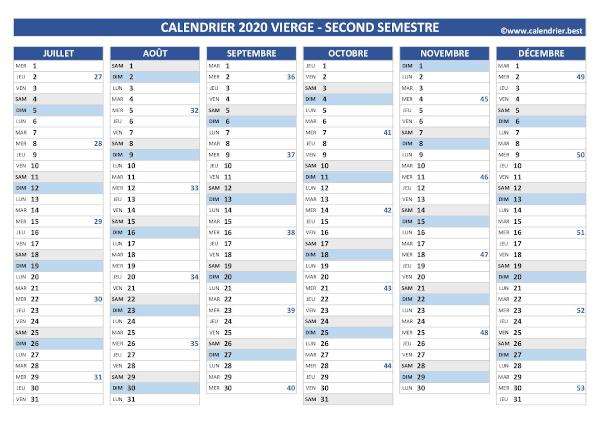 calendrier 2020 vierge, 2ème semestre