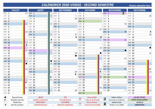 calendrier 2020 vierge, 2ème semestre, version 2