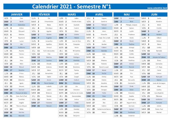 calendrier 2021 avec saints, 1er semestre