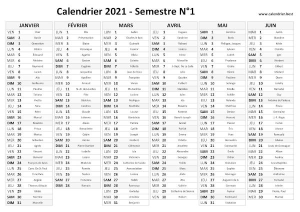 calendrier 2021 avec saints, 1er semestre