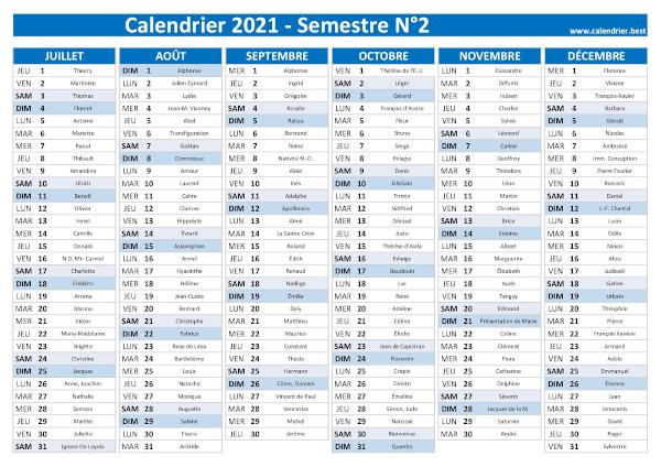 calendrier 2021 avec saints, 2nd semestre