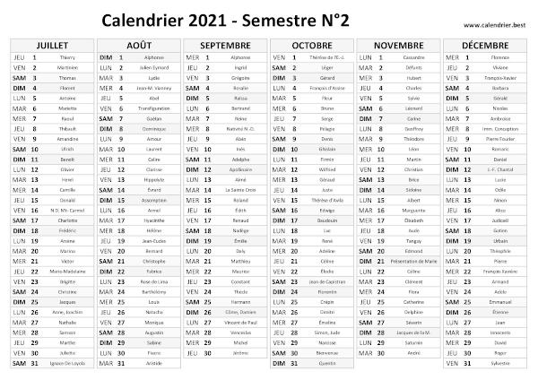 calendrier 2021 avec saints, 2nd semestre