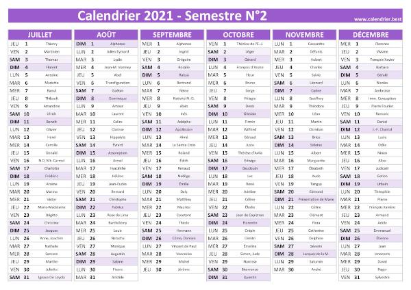 calendrier 2021 avec saints, 2nd semestre