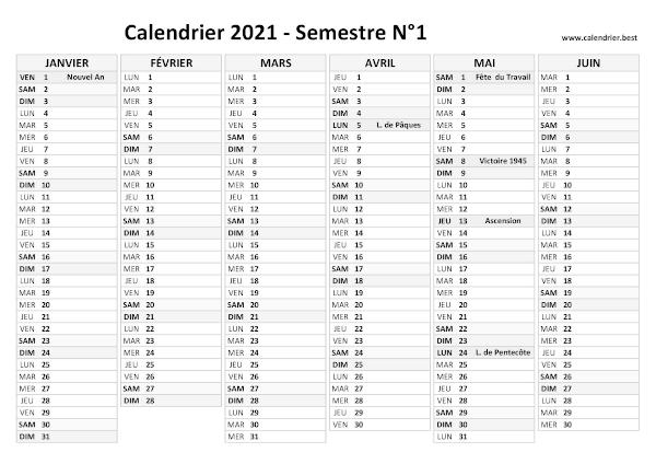 calendrier 2021 avec jours fériés, 1er semestre