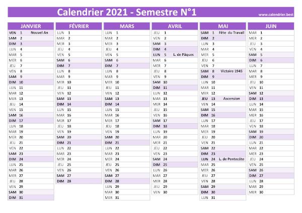 calendrier 2021 avec jours fériés, 1er semestre