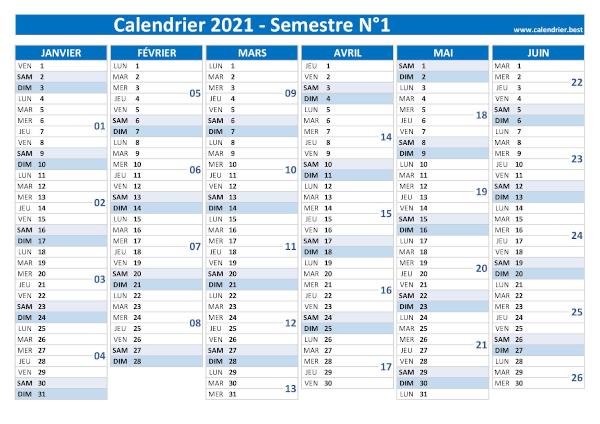 calendrier 2021 avec semaines paires et impaires, 1er semestre