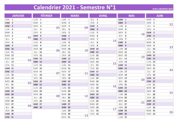 calendrier 2021 avec numéros de semaine, 1er semestre