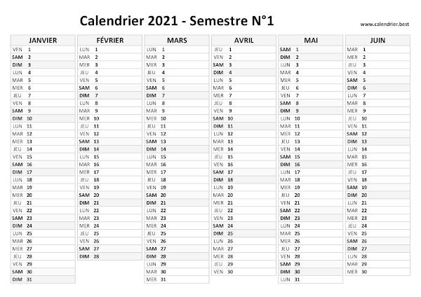 calendrier 2021 vierge, 1er semestre