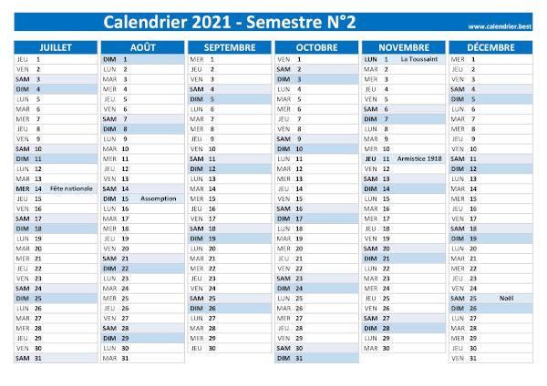 Calendrier 2ème Semestre 2022 à Imprimer Calendrier semestriel 2021 à imprimer pour le 1er et le 2ème 