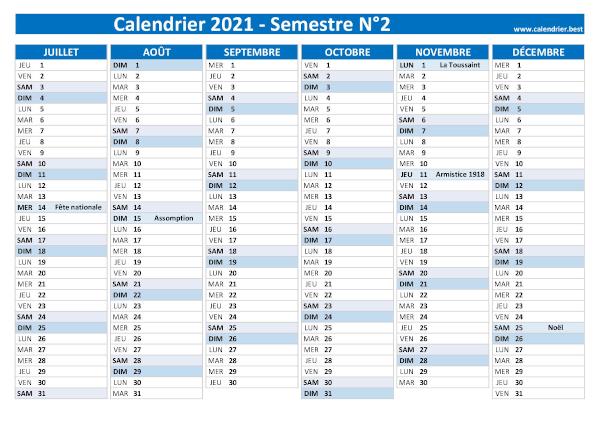 calendrier 2021 avec jours fériés, 2nd semestre