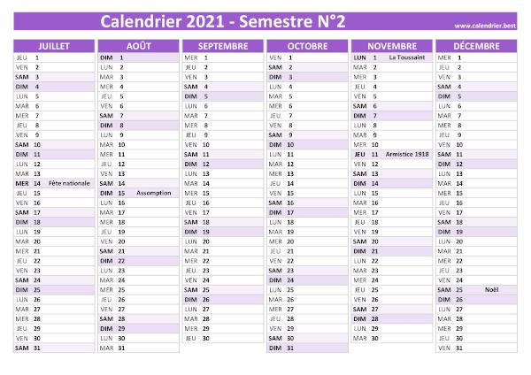 calendrier 2021 avec jours fériés, 2nd semestre