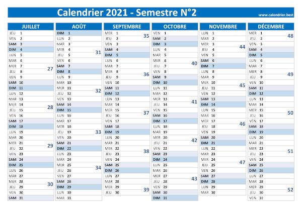 Calendrier 2021 avec numéros de semaine, 2ème semestre