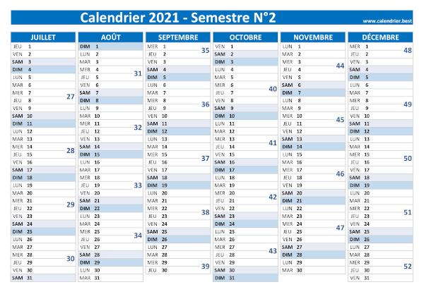 calendrier 2021 avec numéros de semaine, 2nd semestre