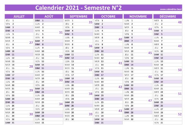 calendrier 2021 avec numéros de semaine, 2nd semestre