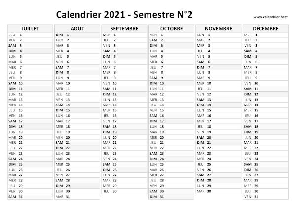calendrier 2021 vierge, 2nd semestre