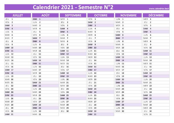 calendrier 2021 vierge, 2nd semestre