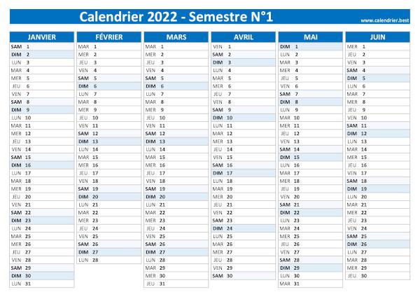 calendrier 2022 vierge, 1er semestre