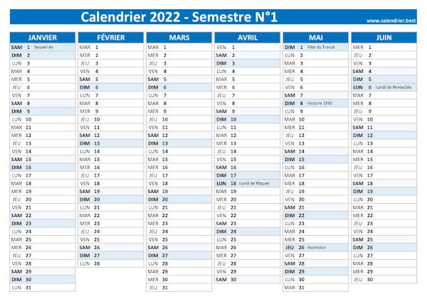 calendrier 2022 avec jours fériés, version semestrielle