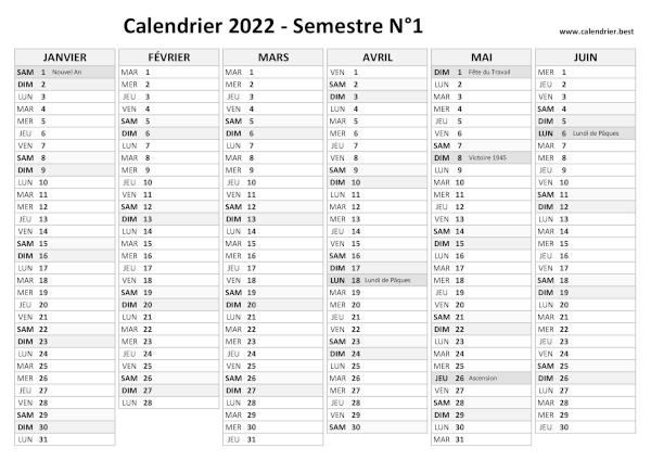 calendrier 2022 avec jours fériés, version semestrielle