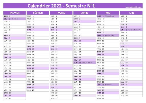 calendrier 2022 avec jours fériés, version semestrielle