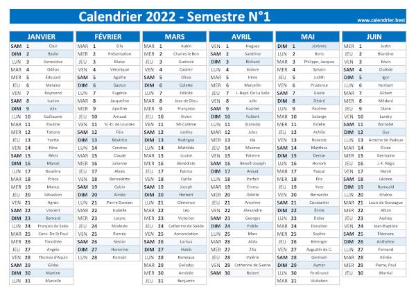 calendrier 2022 avec saints, 1er semestre