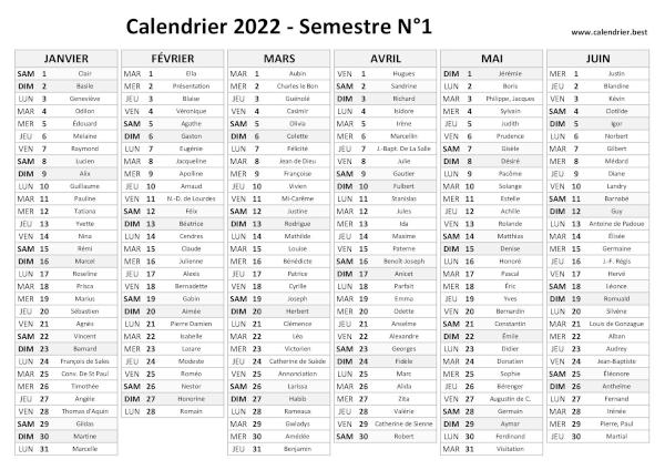 calendrier 2022 avec saints, 1er semestre