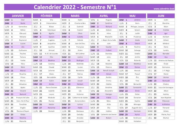 calendrier 2022 avec saints, 1er semestre