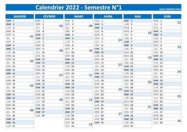 calendrier 2022 avec numéro de semaine, version semestrielle